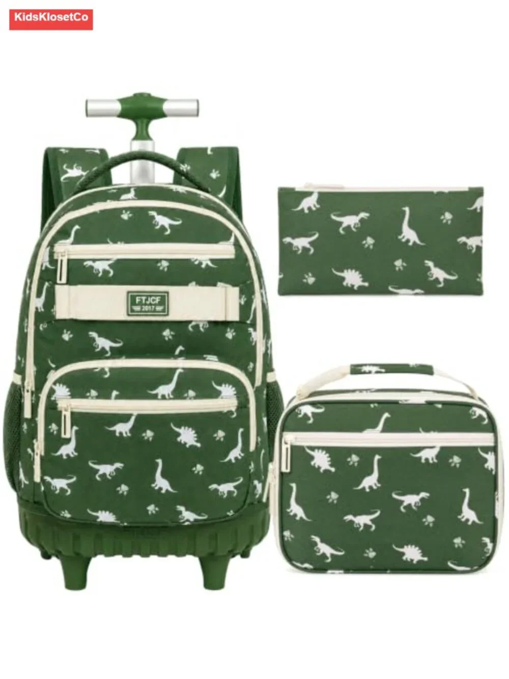 Dinosaur Rolling Backpack for Boys Wheeled Bookbag Water Resistant Polyester 3